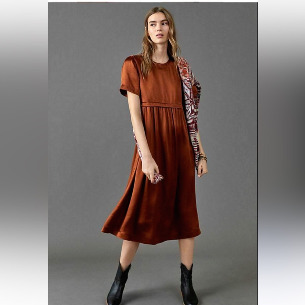 Anthropologie Maeve Jimena Midi Dress Cocoa Satin Copper large